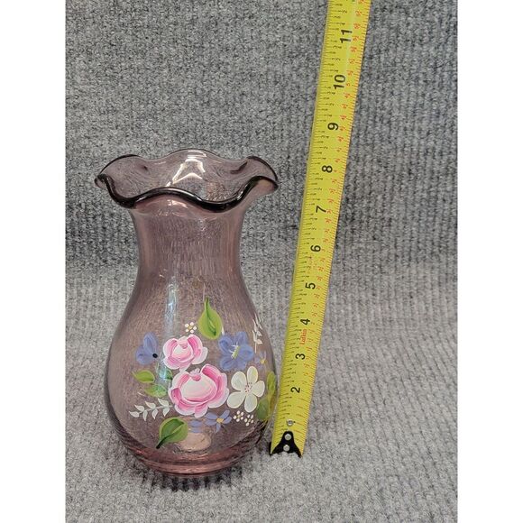 Fenton Design TeleFloral Hand Painted Vase Purple Flowers and Bottom Plate - Picture 2 of 5